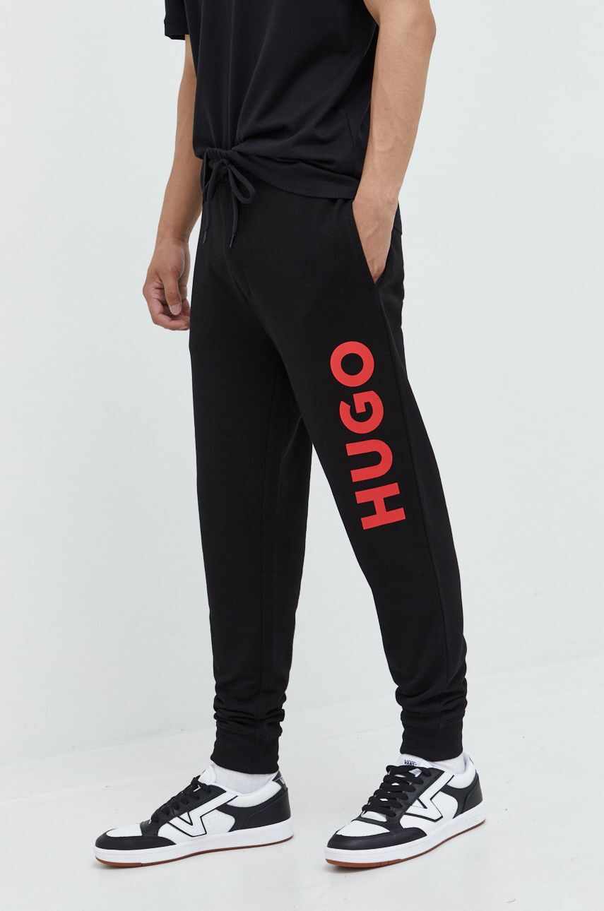 HUGO pantaloni de trening din bumbac barbati, culoarea negru, cu imprimeu