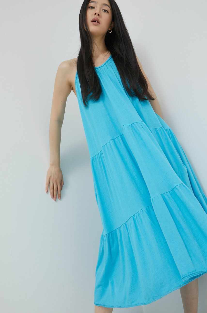 Superdry rochie din amestec de in culoarea turcoaz, midi, evazati