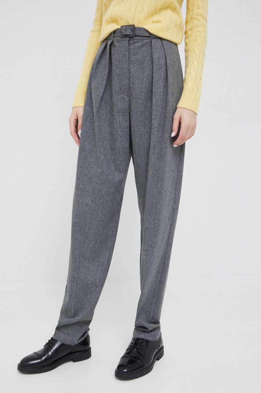 Emporio Armani pantaloni de lana femei, culoarea gri, fason chinos, high waist