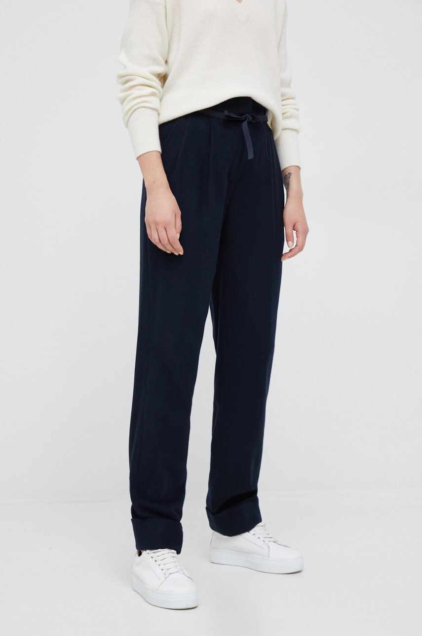 Emporio Armani pantaloni de lana femei, culoarea albastru marin, drept, high waist
