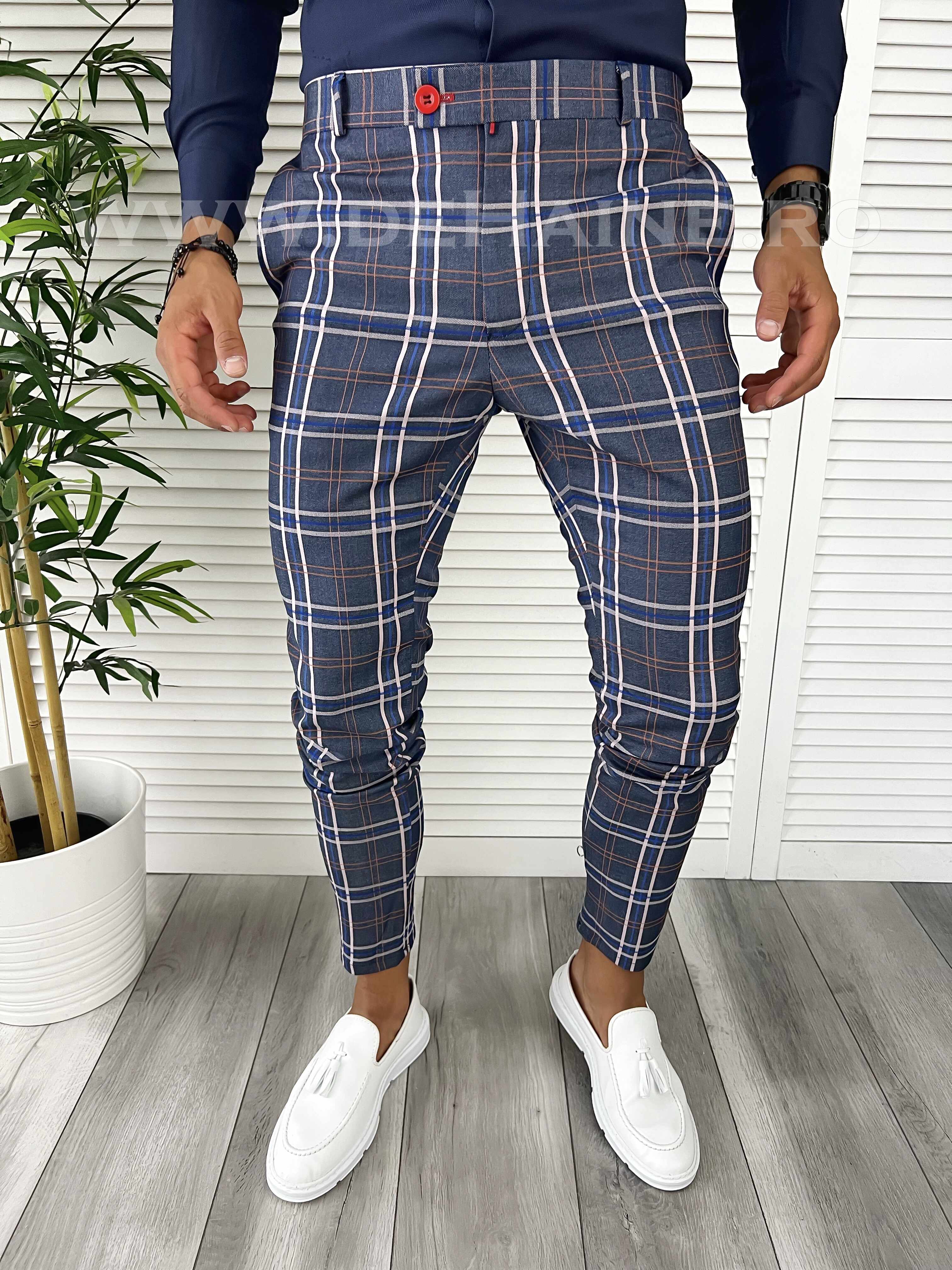 Pantaloni barbati eleganti regular fit bleumarin in carouri B9224 E