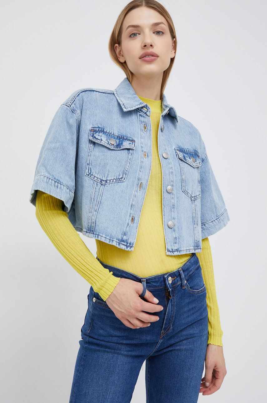 Sisley camasa jeans femei, cu guler clasic, relaxed