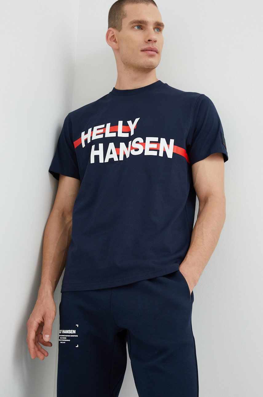 Helly Hansen tricou din bumbac culoarea albastru marin, cu imprimeu