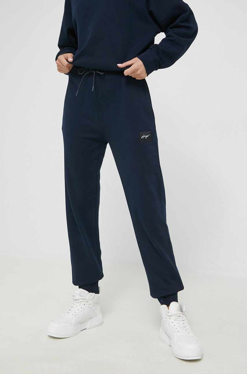 HUGO pantaloni de trening din bumbac femei, culoarea albastru marin, neted
