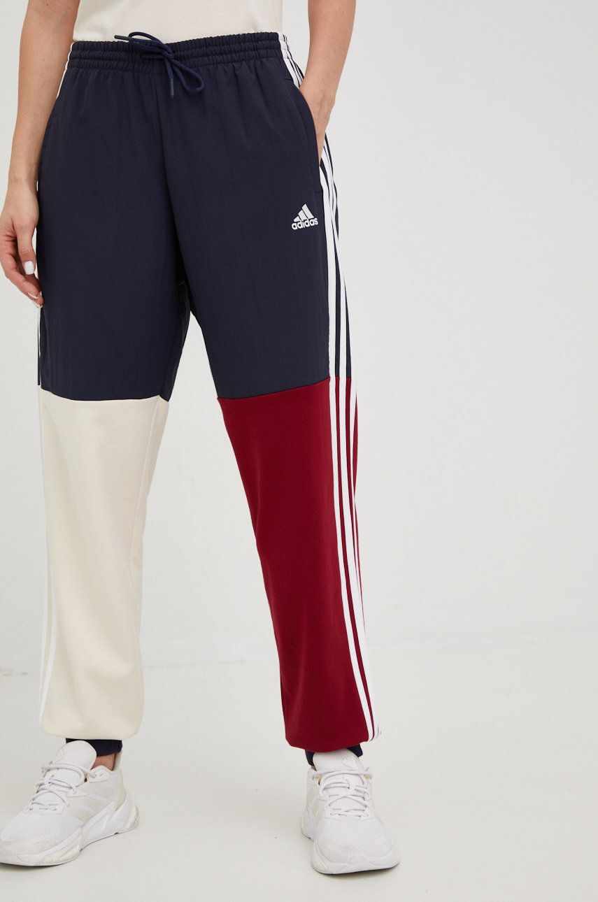 adidas pantaloni de trening Essentials femei, culoarea albastru marin, modelator