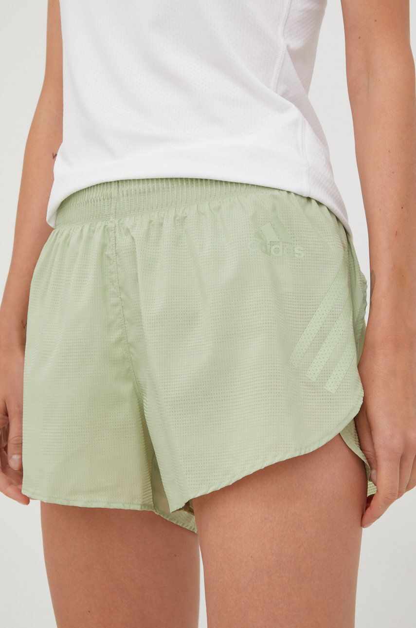 adidas Performance pantaloni scurți de alergare Adizero Split femei, culoarea verde, neted, high waist