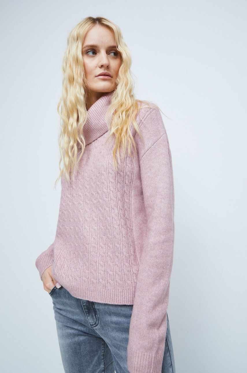 Medicine pulover din amestec de lana femei, culoarea roz, cu guler