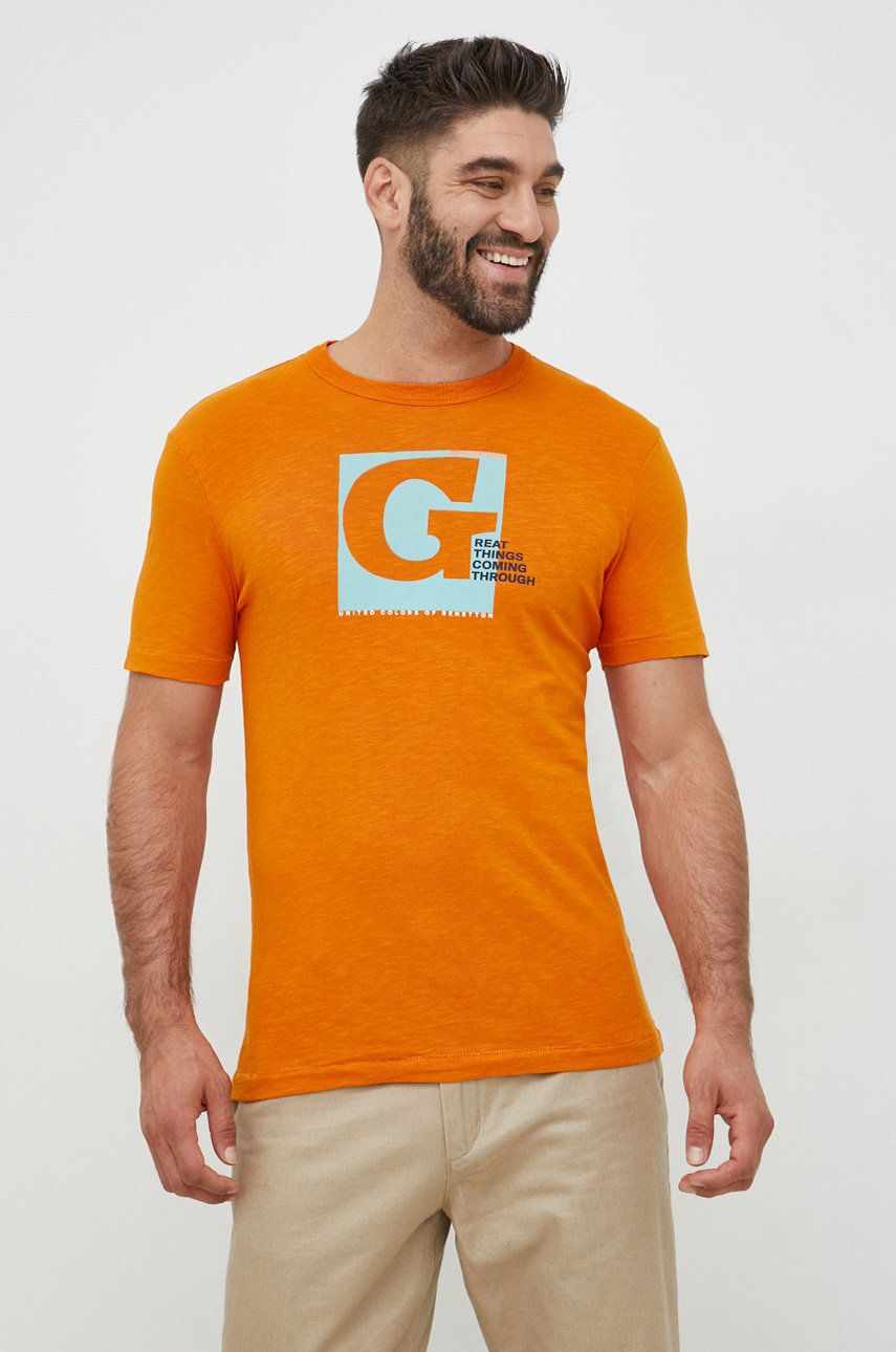 United Colors of Benetton tricou din bumbac culoarea portocaliu, cu imprimeu