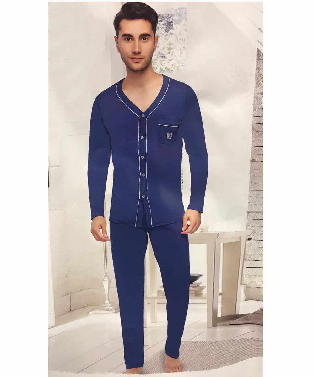 Pijama albastra cu nasturi pentru barbat - cod 40252