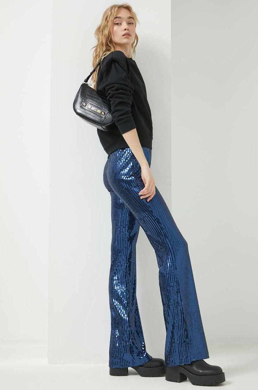 HUGO pantaloni femei, culoarea albastru marin, lat, high waist