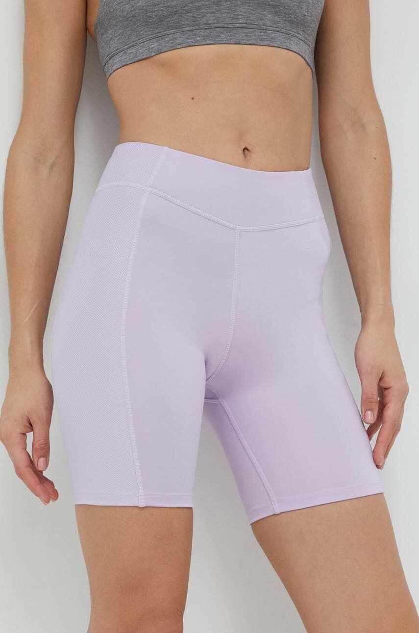 Reebok pantaloni scurți de yoga femei, culoarea violet, neted, high waist