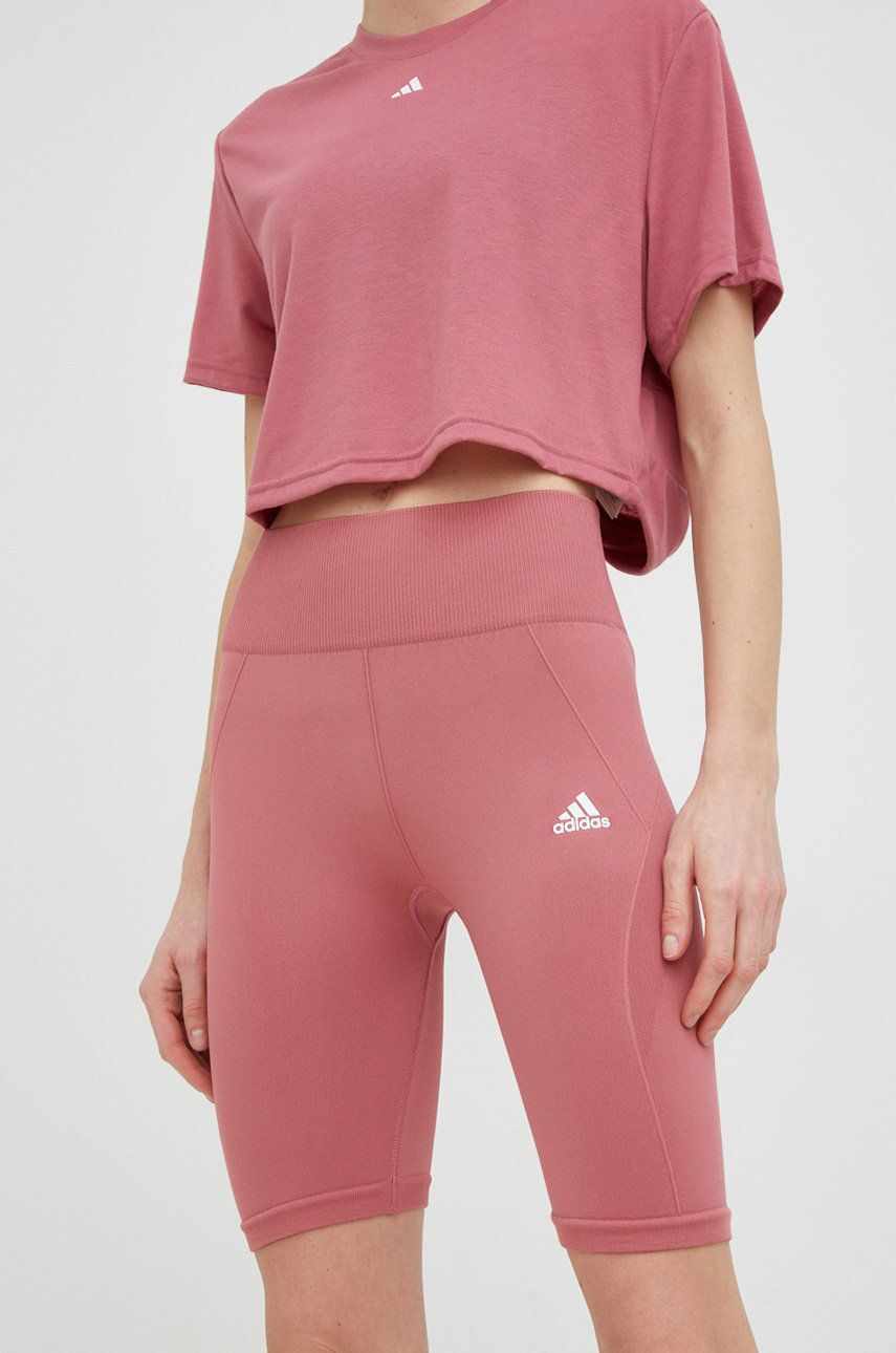 Adidas Performance pantaloni scurți de antrenament femei, culoarea roz, neted, high waist