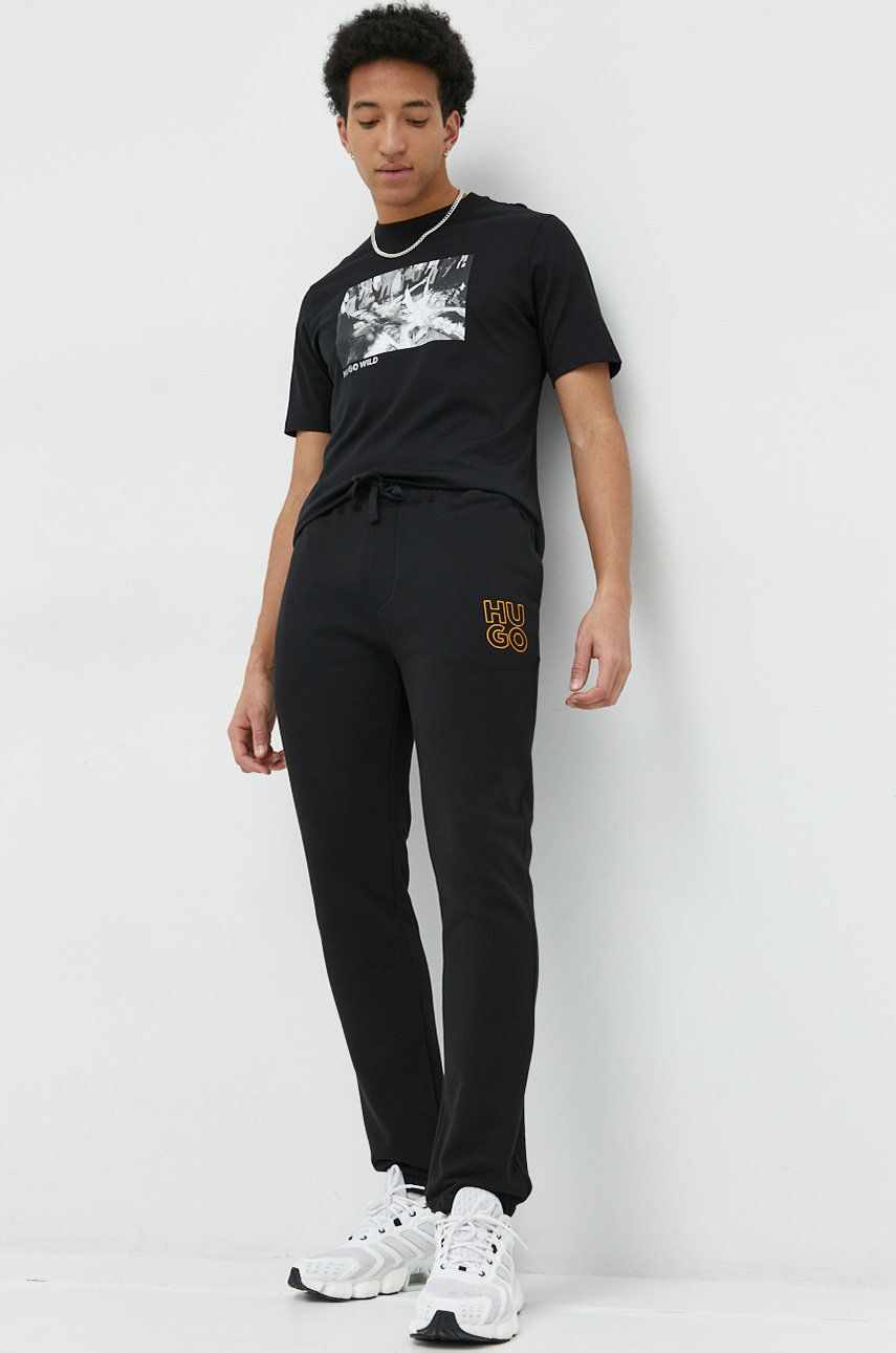 HUGO pantaloni de trening din bumbac barbati, culoarea negru, neted