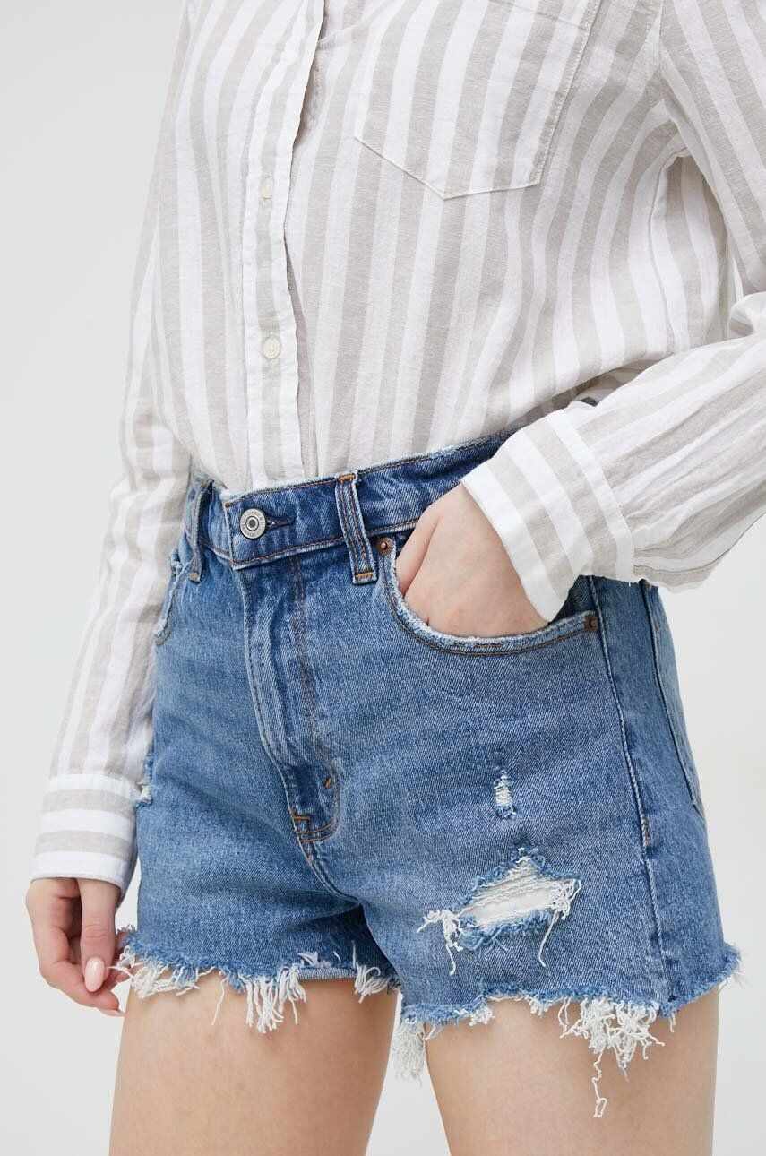 Abercrombie & Fitch pantaloni scurti jeans femei, culoarea albastru marin, high waist