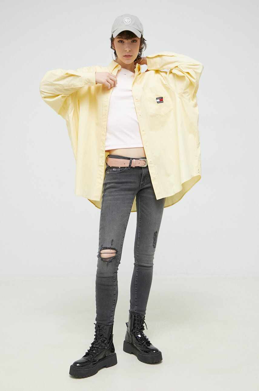 Tommy Jeans camasa din bumbac femei, culoarea galben, cu guler clasic, relaxed