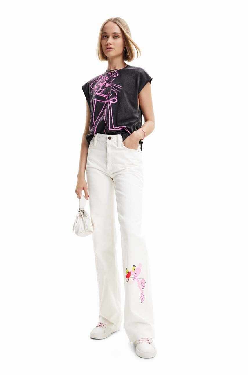Desigual jeansi x Pantera Roz femei, culoarea alb, high waist