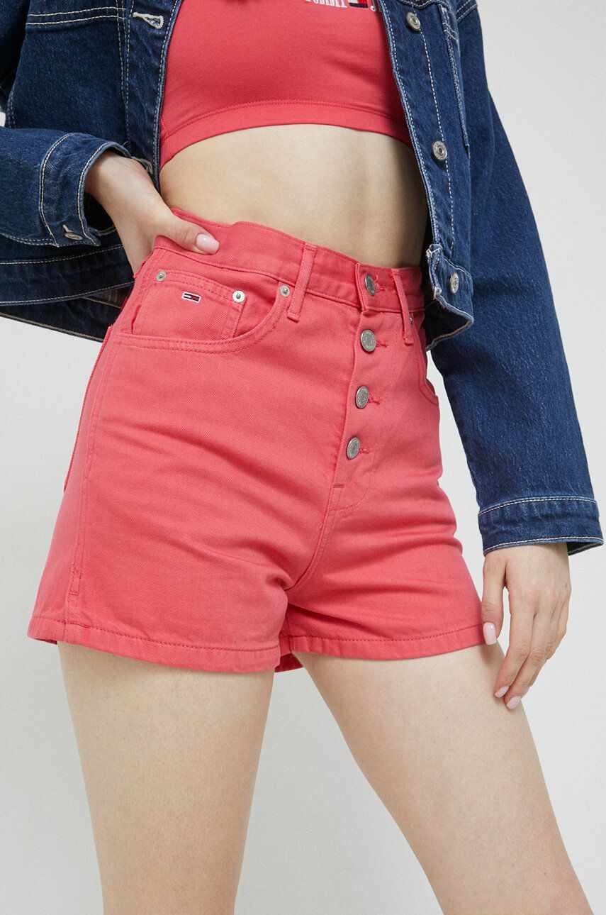 Tommy Jeans pantaloni scurti jeans femei, culoarea roz, neted, high waist