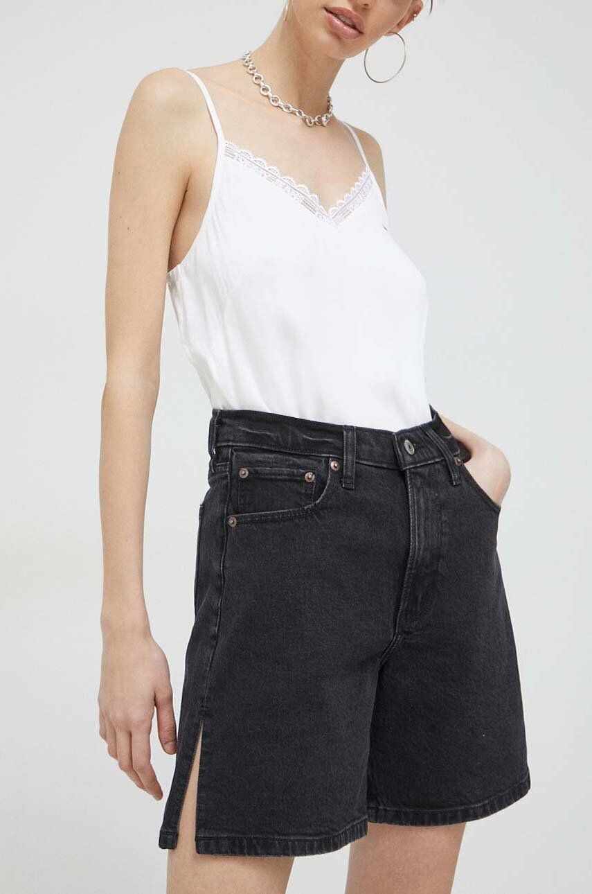 Abercrombie & Fitch pantaloni scurti jeans femei, culoarea negru, neted, high waist