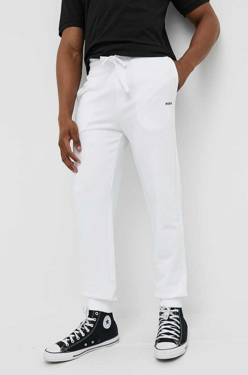 HUGO pantaloni de trening din bumbac culoarea alb, neted