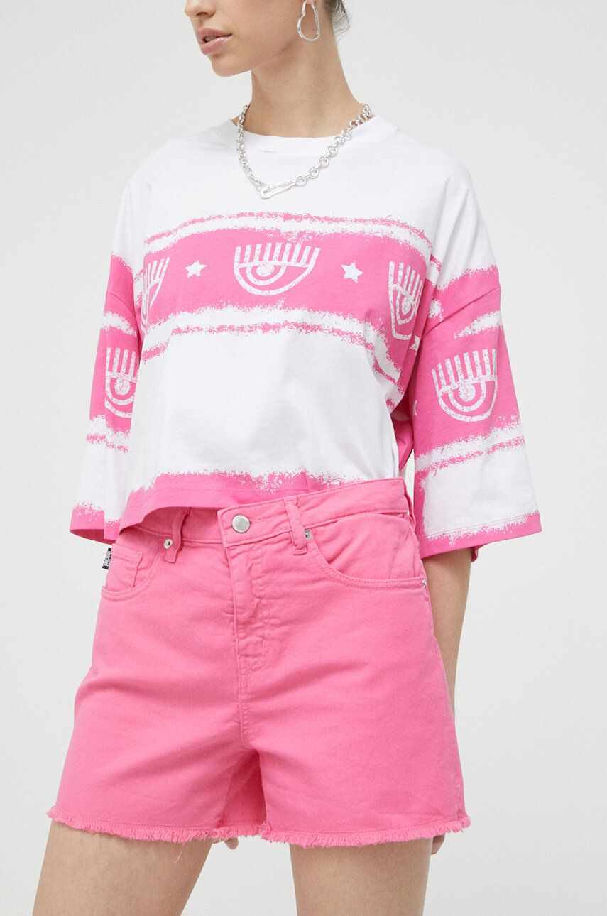 Love Moschino pantaloni scurti jeans femei, culoarea roz, neted, high waist