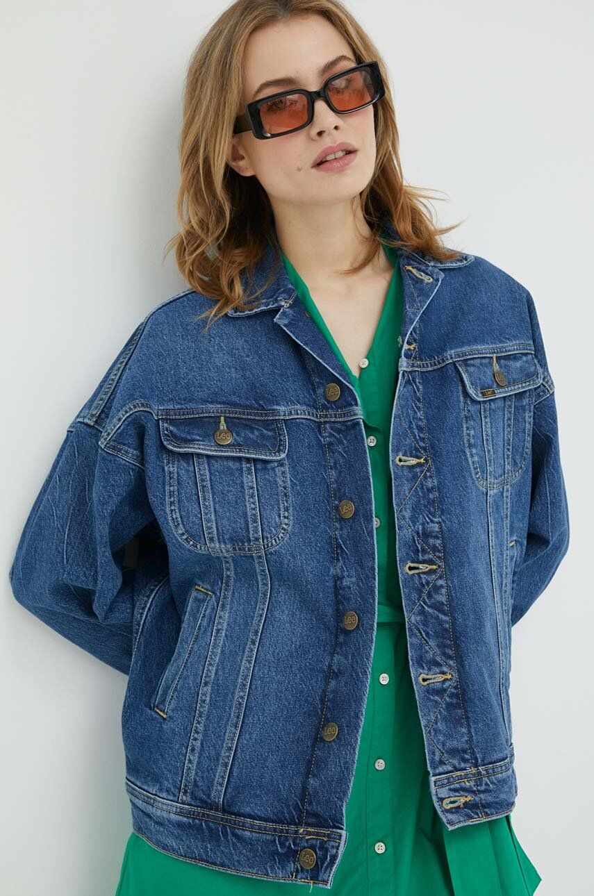 Lee geaca jeans femei, culoarea albastru marin, de tranzitie, oversize